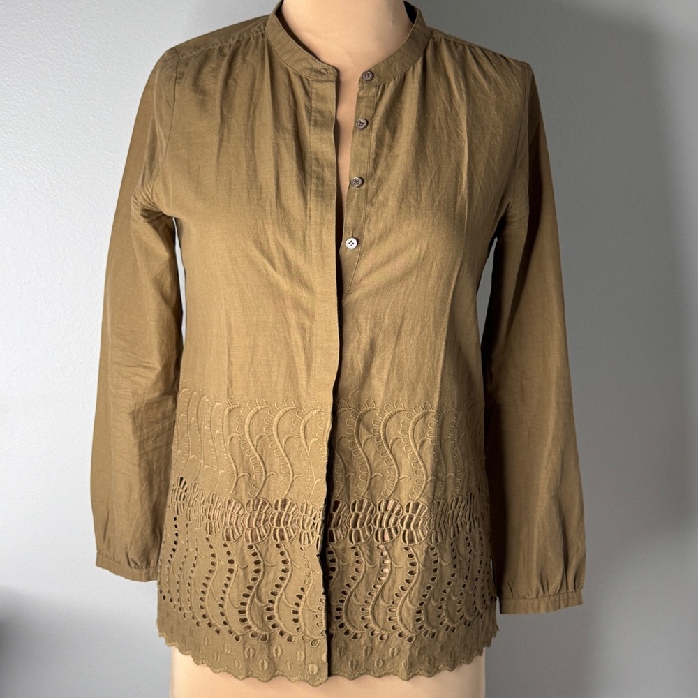 J.Crew Olive Green 100% Cotton Button-Up Women's Top Embroidery Lace Embroidered